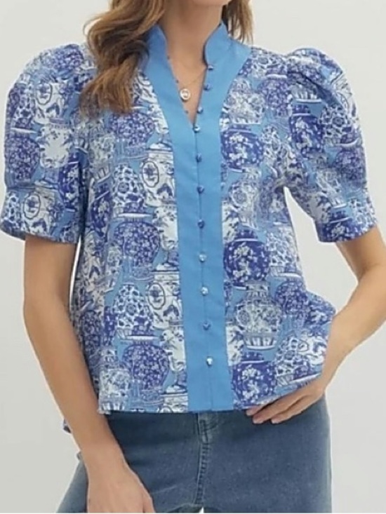 entro Tops - Entro Elegant Charm Blue White Chinoiserie Vase Puff Sleeve Top M